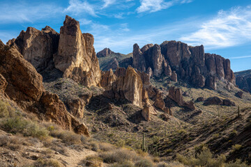 Vast desert landscape features dramatic rock formations and cacti