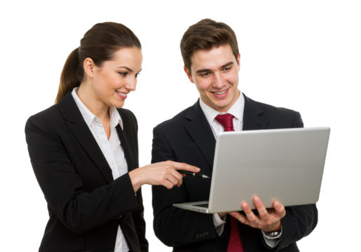  Two business professionals collaborate on a laptop, smiling and engaged, in a bright, minimalistic office setting (PNG).