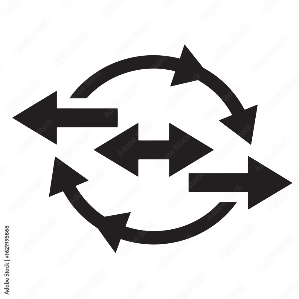 Poster black arrow icons representing process flow exchange direction and circular motion on white backgrou