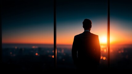 Fototapeta premium A silhouetted man stands before a large window,