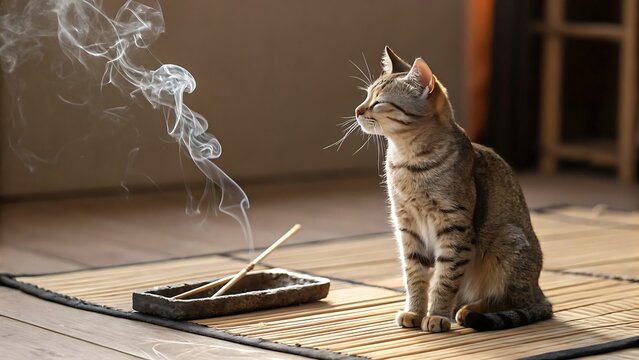 Tabby cat sitting on a mat next to incense with smoke rising in a bright room with closed eyes