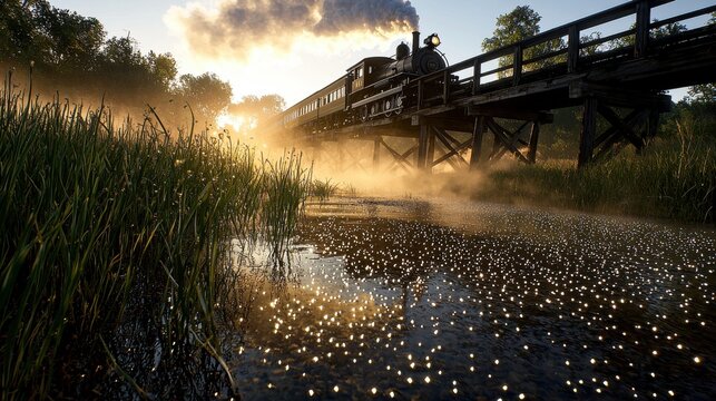 Prairie crossing perspective of 1930 s steam engine crossing elevated wooden trestle with golden sunbeams illuminating misty grassland below