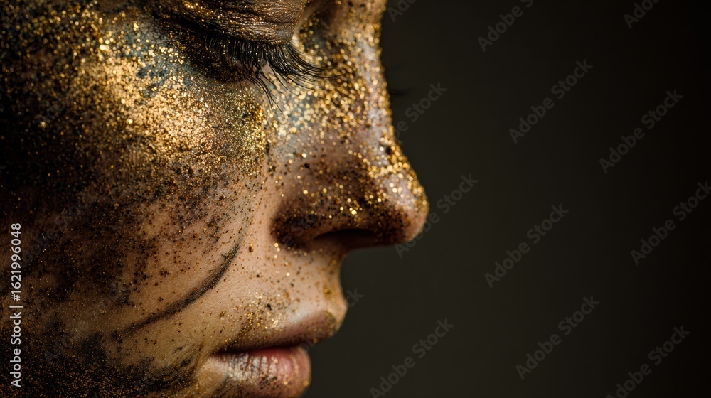 Poster gold dust adorns cheek and temple creating a radiant look against a dark neutral background with emp