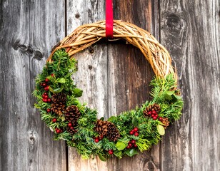 Festive Christmas wreath with natural decoration on a rustic wooden wall