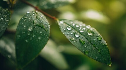 Dew-covered leaves, garden, morning light, blurred background, nature photography