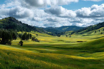 Panoramic view of vibrant green hills adorned with wildflowers