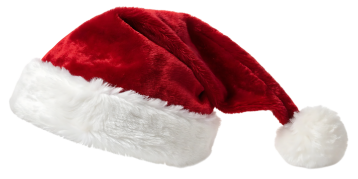 Classic red velvet santa claus hat with white faux fur trim and pom pom isolated on black background for festive holiday celebrations
