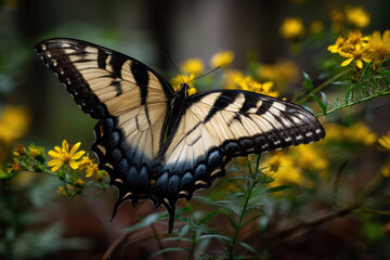 Butterfly resting on bright yellow wildflower in nature