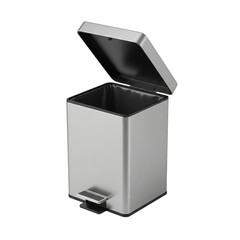 A stainless steel trash can with an open lid and foot pedal is displayed on a white background.