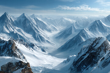 Majestic snow-covered mountain peaks under clear blue sky