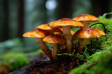 Wild mushrooms thrive on moss in a tranquil forest setting