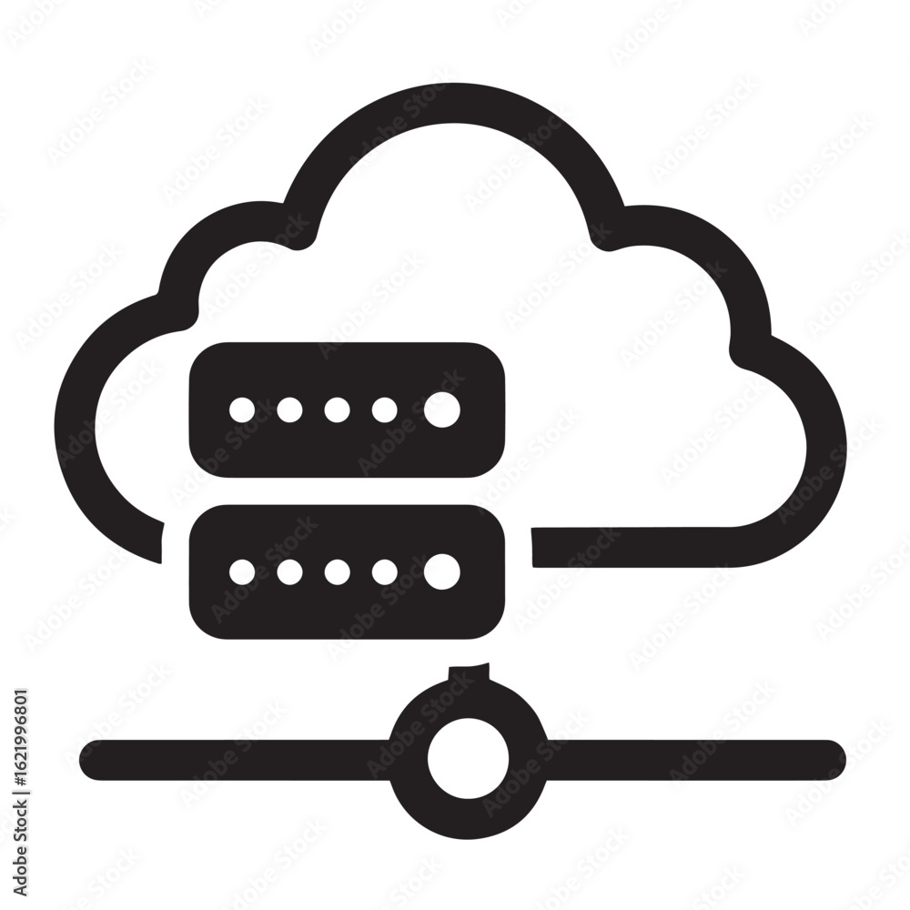 Poster cloud computing concept represented by cloud servers and a data transfer connection.
