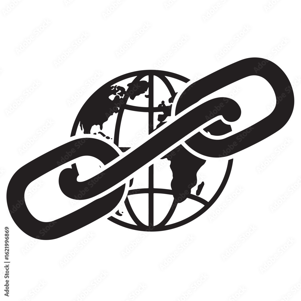 Poster conceptual representation of global connection and network communication with a chain and world glob