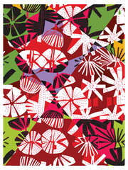 A vibrant abstract pattern of bold, colorful flowers and leaves in red, white, green, and black, with distinctive graphic texture,