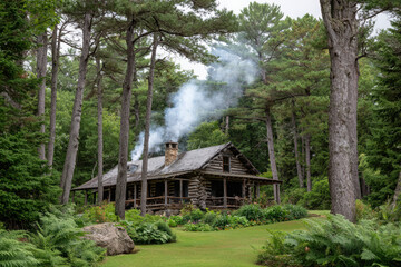 Log cabin surrounded by pine trees with smoke from chimney