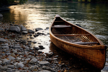Old wooden canoe by a tranquil lake during sunset hours