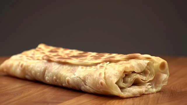 Delicious Paratha Roll Close Up on Wooden Table with Warm Lighting and Detailed Texture Perfect for Showcasing Bakery or Pastry Products and Culinary Delights as Comfort Food or Quick Meal Option