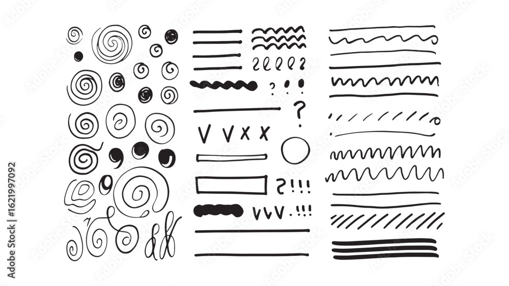 Poster collection of hand drawn doodle lines and swirls vector set for design elements isolated