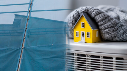 Split composition showing thermal comfort at home and building maintenance outside