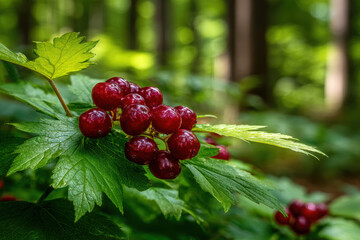 Bright red berries cluster in sunlit forest clearing