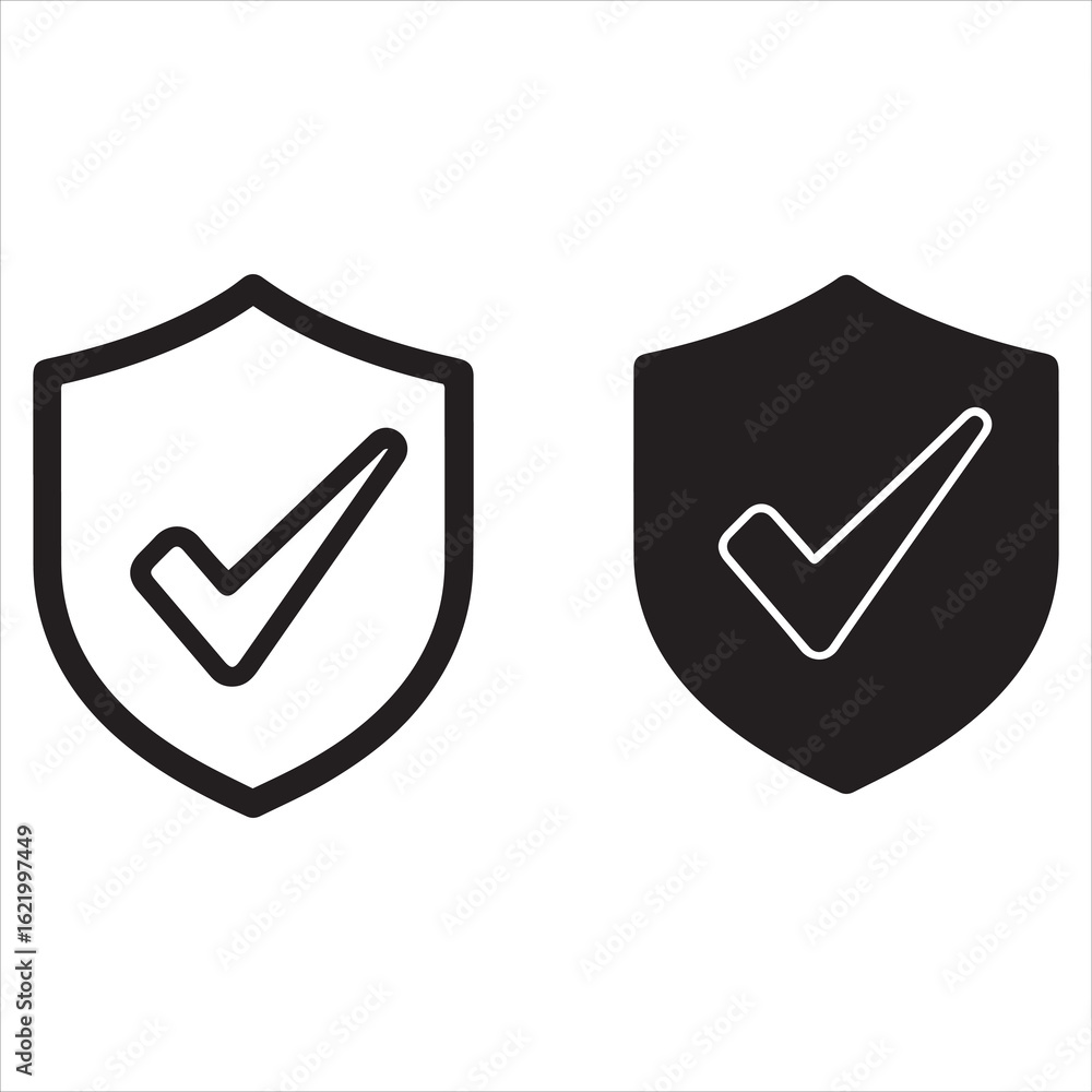 Poster two shield icons with checkmarks representing security and approval