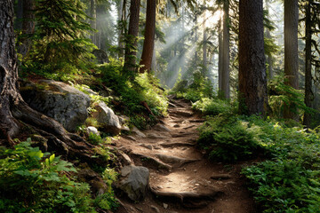 Winding path through a tranquil sunlit forest glade