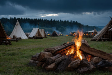 Campfire light brightens the campsite at dusk