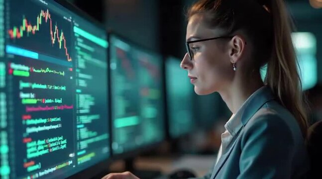 Focused analyst monitors financial data trends on multiple computer screens