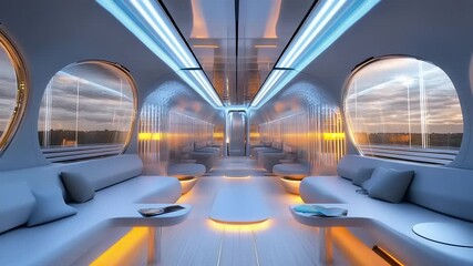 Futuristic train interior with sleek design and sunset view - Powered by Adobe