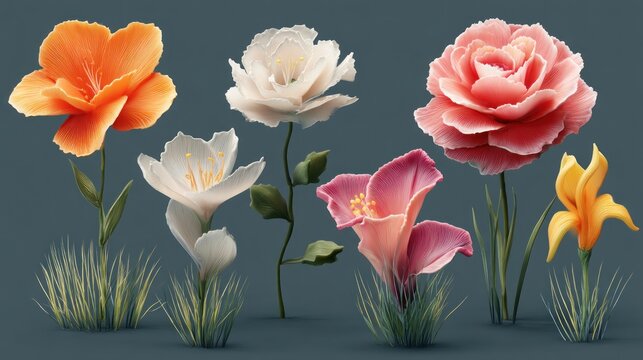 Collection of various stylized flowers in vibrant colors