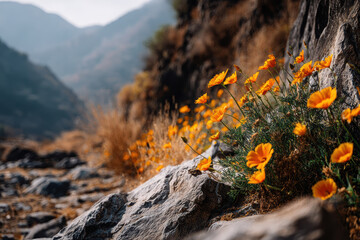 Vibrant wildflowers bloom on rocky hillside in the mountains