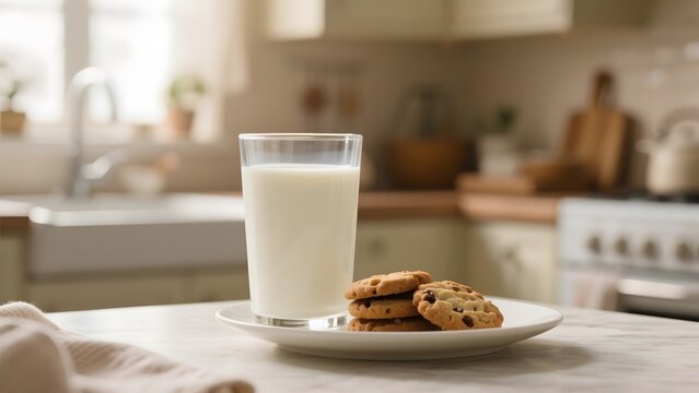 A glass of milk and chocolate chip cookies on a kitchen countertop