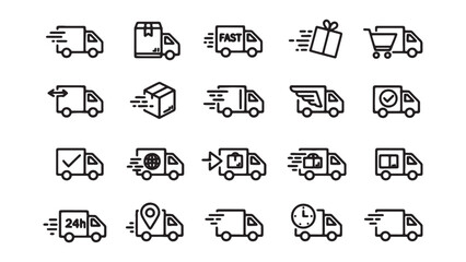 Delivery Truck Icons Set Express Shipping Service Fast Delivery and Worldwide Shipping Concept