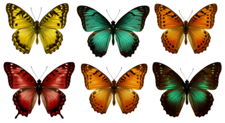 Six Vibrant Jewel-Toned Butterflies on transparent background; Artistic, Symmetrical, Nature Stock Photo.