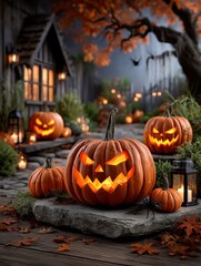 Obraz premium Halloween scene with carved pumpkins