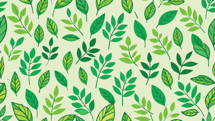 A seamless pattern with green leaves on a white background.
