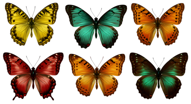 Six Vibrant Jewel-Toned Butterflies on transparent background; Artistic, Symmetrical, Nature Stock Photo.