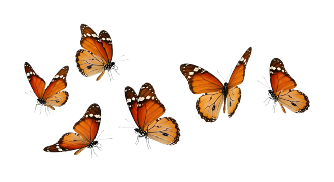 Five vibrant monarch butterflies in flight, abstract transparent background, dynamic, freedom concept.