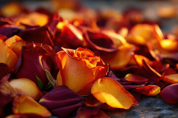 Close-up of radiant rose petals basking in golden hour light