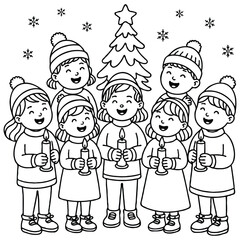 Illustration Of Children Sing Christmas Carols Coloring Page