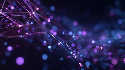 A futuristic 6G network concept featuring glowing digital nodes connected by vibrant beams of light, showcasing a cyberpunk aesthetic in deep blue and neon purple tones.