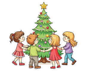Kids decorating a big Christmas tree Coloring Page