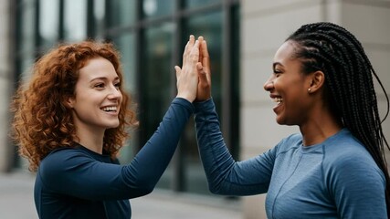 Two happy and diverse women giving each other a high five in celebration of a shared success outdoors