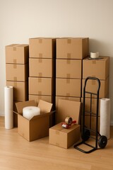 Professional moving services with organized packing supplies and relocation materials