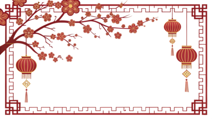 A traditional chinese frame with blossoming branches and hanging red lanterns creates a serene and festive atmosphere, perfect for celebrating the lunar new year isolated on transparent background