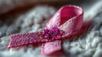 Pink ribbon with crystals on textured fabric