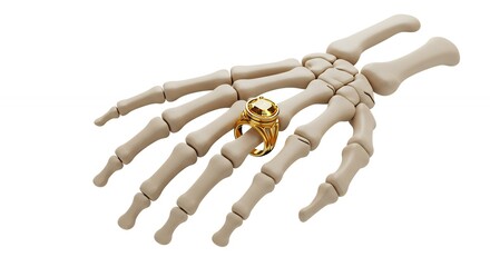 Skeleton hand holding gold ring