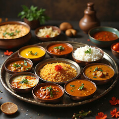 Traditional Indian Thali Meal with Various Dishes (generative ai)