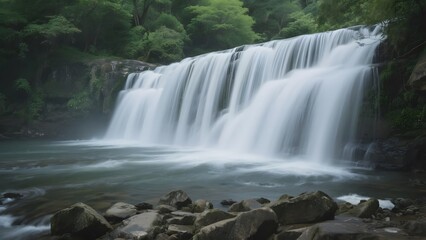Obraz premium Serene Multi-Tiered Waterfall Flowing Through Lush Green Forest