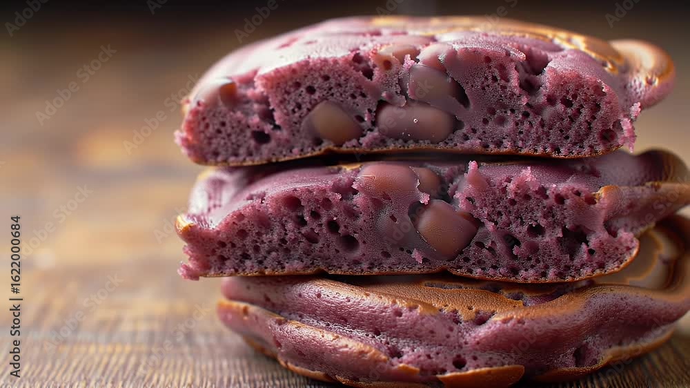 Poster delicious red bean pancakes stack displaying fluffy texture and evenly distributed filling on wooden